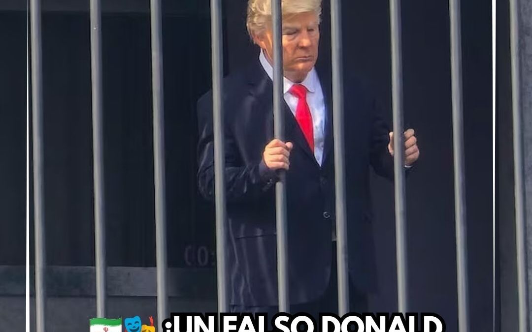 Actor caracterizado como Donald Trump dentro de una celda simulada en la plaza Tajrish, en Teherán