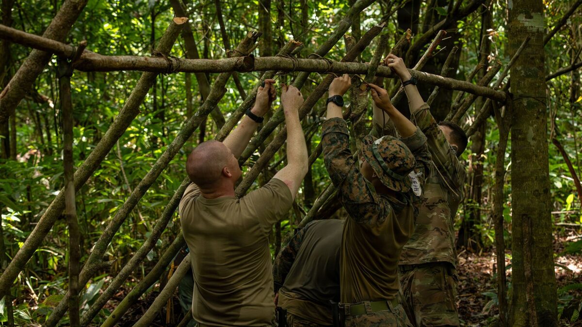 Militares estadounidenses y personal de instituciones de seguridad de Panamá construyen juntos un refugio con materiales naturales durante un ejercicio de supervivencia en la selva.