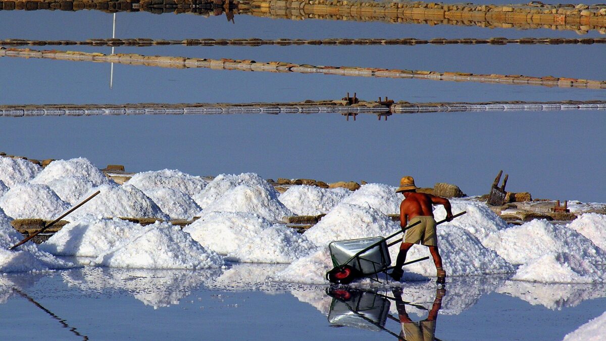 Paisaje de las salinas del Stagnone, en Marsala, Sicilia, con agua en primer plano